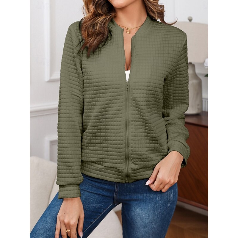 Women's Bomber Jacket Casual Jacket Comfortable Breathable Zipper Pocket Casual Plain Vacation Street Casual Daily Wear Zipper Regular Stand Collar Regular Fit Long Sleeve Outerwear Black White Wine