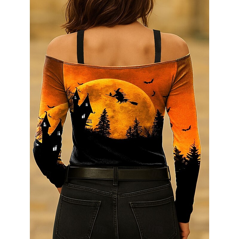 Halloween Women's T shirt Witch Graphic Vintage Stylish Classic Long Sleeve V Neck Regular Tops Daily Lace Print Blue Purple Orange Green Spring Fall2