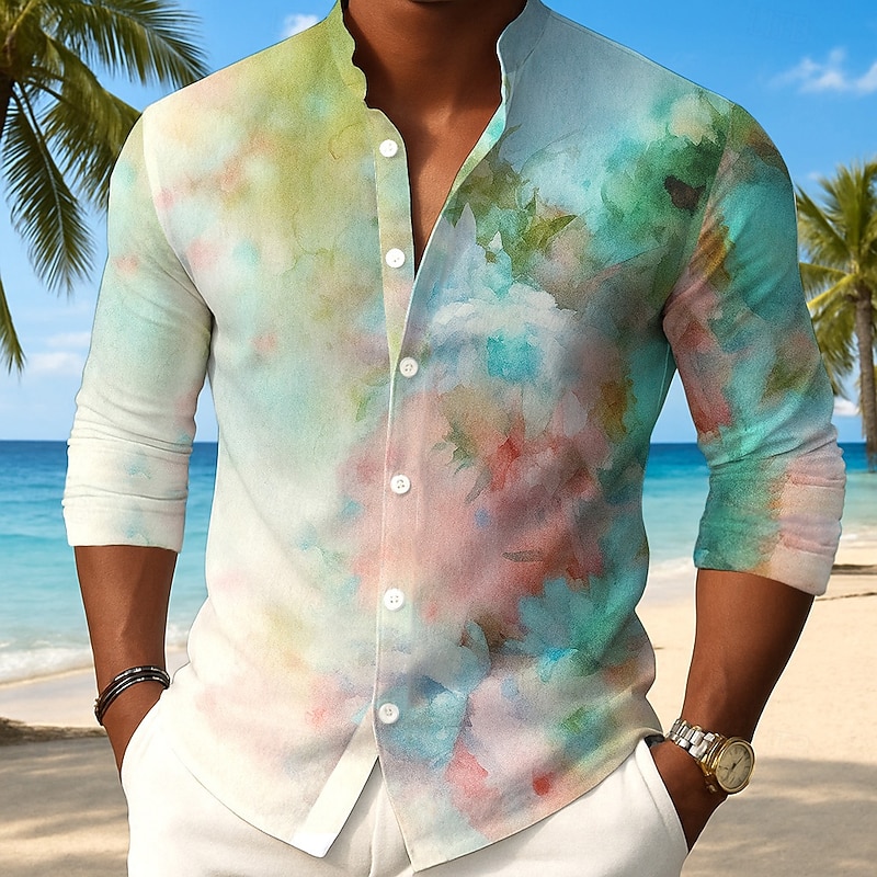 Men's Floral Print Gradient Color Flowers Shirt Button Up Shirt Stand Collar Shirt Long Sleeve Fashion Casual Outdoor Vacation Daily Spring Fall Mandarin Collar Band Collar 3D Print Linen Like Shirt