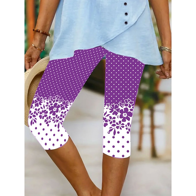 Women's Leggings Vacation Vintage Ethnic Style Calf-Length High Waist Floral Graphic Polka Dot Comfy Quick Dry Breathability Stretchy Outdoor Vacation Causal Black Blue Purple Green Summer Spring