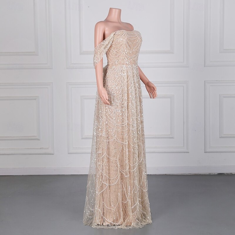 Mermaid / Trumpet Evening Gown Elegant Dress Formal Prom Sweep / Brush Train Sleeveless Off Shoulder Lace with Pearls Sequin3