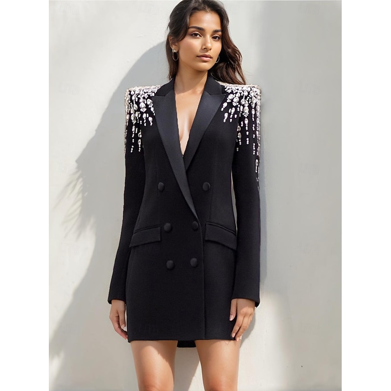 Women's Blazer Sport Coat Formal Wedding Guest Rhinestones Elegant Long Sleeve Peak Lapel Double Breasted