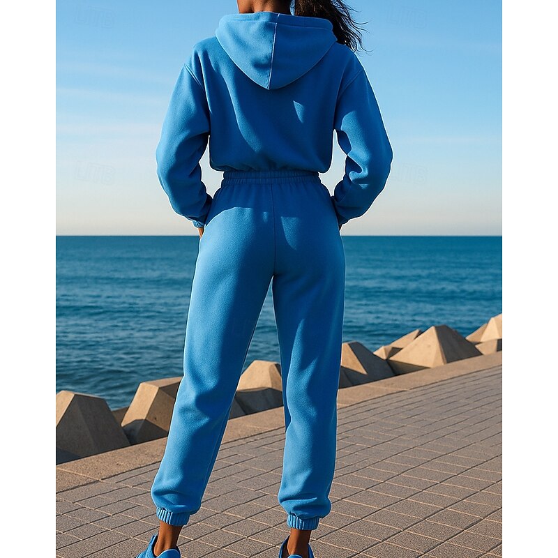 Women's Hooded Jumpsuit Casual One Piece Drawstring Pocket Solid Colored Clothing Suit Fall & Winter Black White Hiking Workout Athletic Windproof Lightweight Moisture Wicking Long Sleeve Sport2