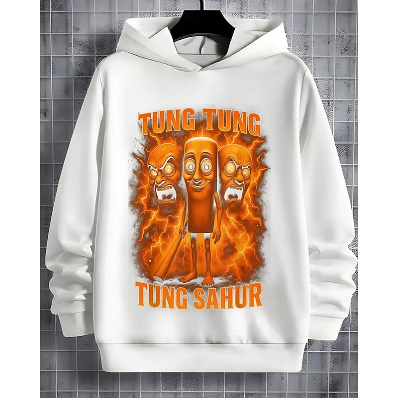 Boys' Long Sleeve Italian Brain Rot Element TUNG TUNG TUNG SAHUR Print  Hoodie Long Sleeve Spring Fall Fashion Streetwear Kids 4-12 Years Hooded Outdoor Casual Daily Regular Fit2