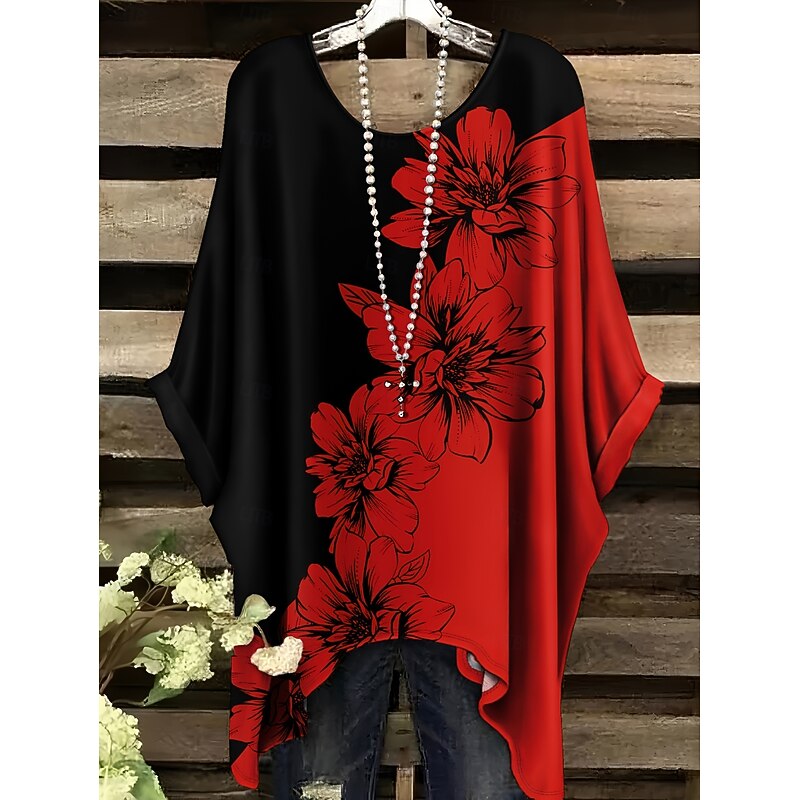 Women's Blouse Floral Graphic Elegant Vintage Daily Half Sleeve Batwing Sleeve Crew Neck Regular Tops Daily Holiday Vacation Wear Pink Red Blue Summer Spring3