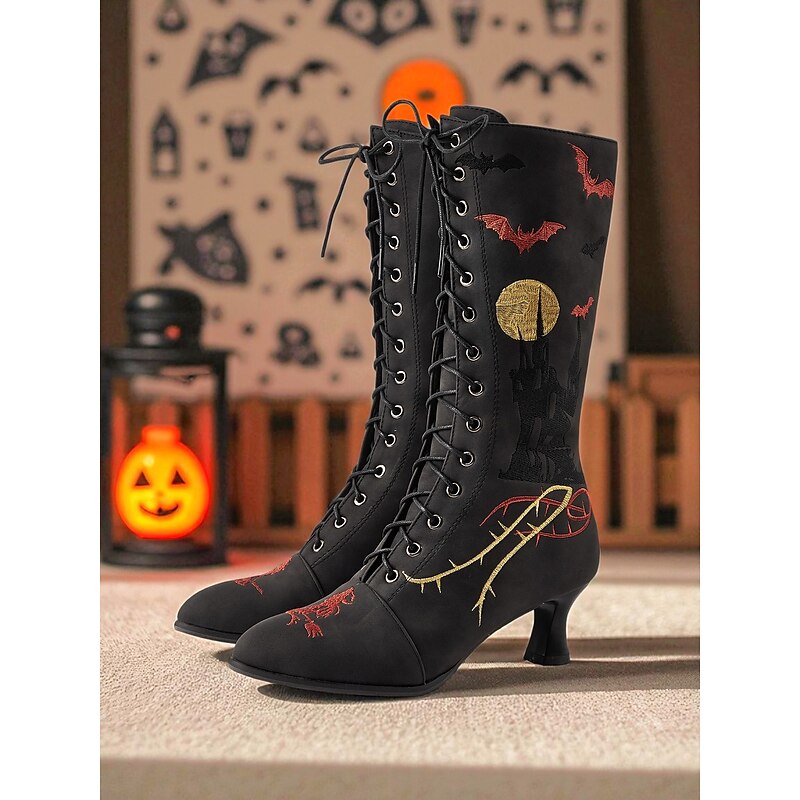 Women's Gothic Halloween Embroidered Lace-Up Boots - Vintage 1900s Style Black Witch Costume Mid-Calf Heels for Cosplay, Parties, and Themed Events2