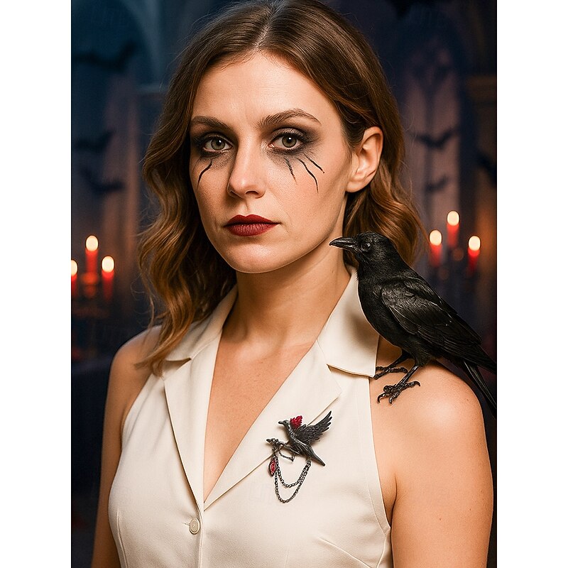 Women's Gothic Raven Brooch with Red Gem and Chain – Halloween Vintage Bird Pin for Costume Party, Cosplay and Evening Wear2