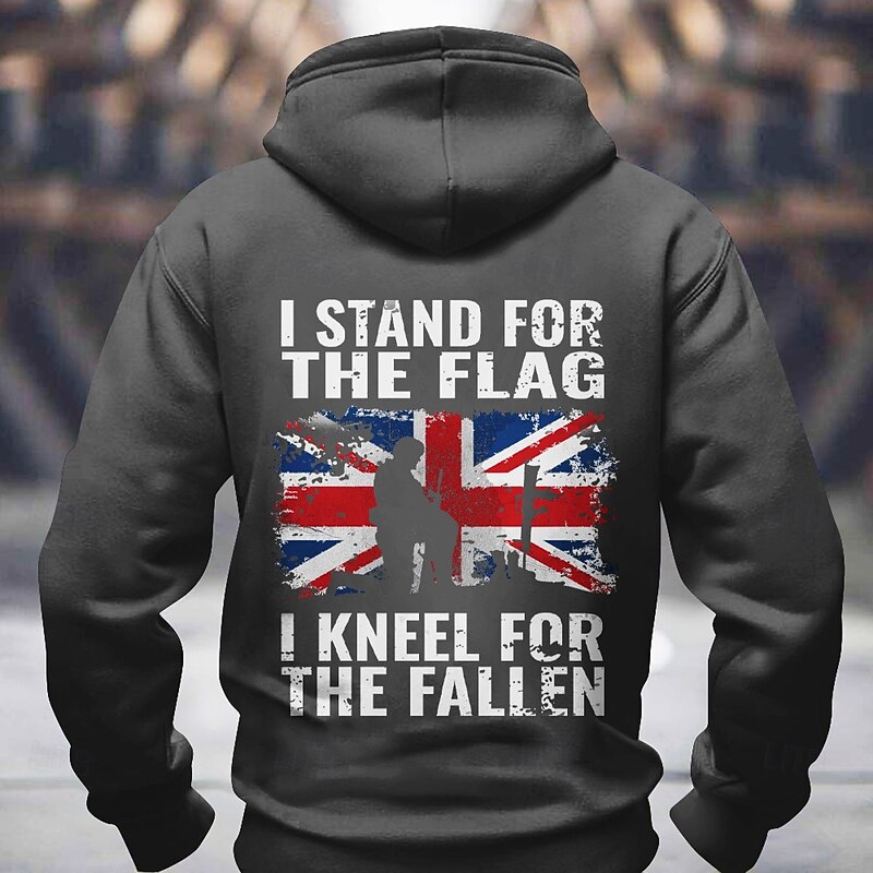 Men's Patriotic British Flag Hoodie | 'I Stand For The Flag I Kneel For The Fallen' Soldier Remembrance Graphic Hooded Sweatshirt4