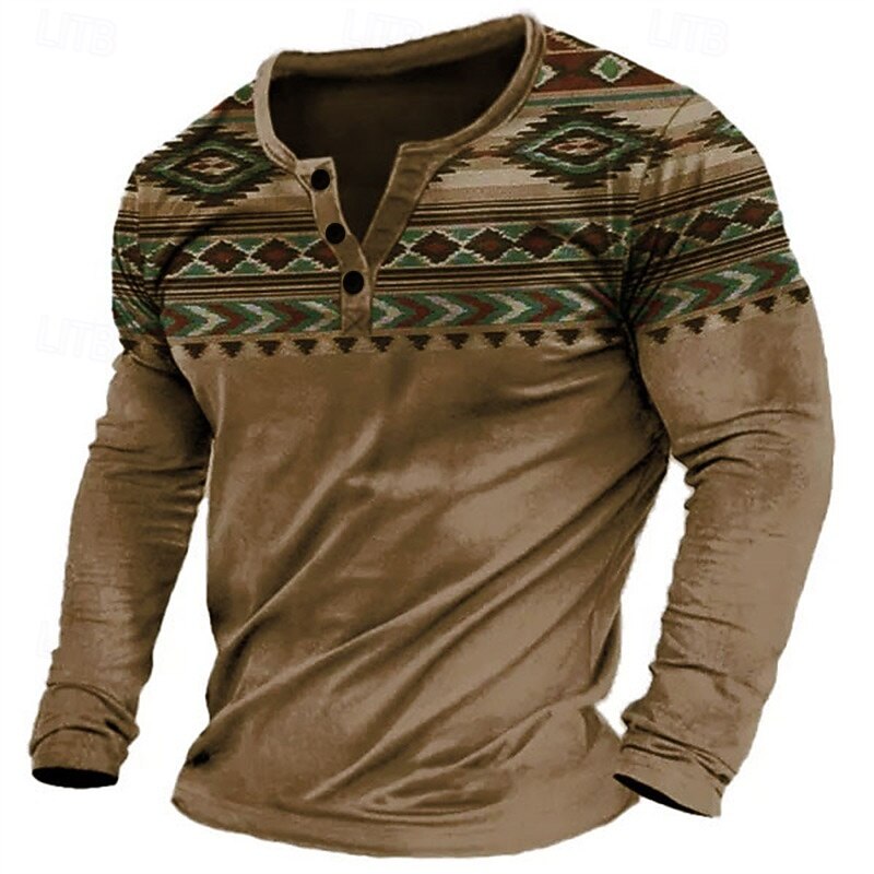 Men's Graphic Tribal Henley Shirt Long Sleeve 3D Print Fashion Designer Comfortable Outdoor Daily Spring & Fall Navy Blue Brown Green Gray Henley Henley T-Shirt3