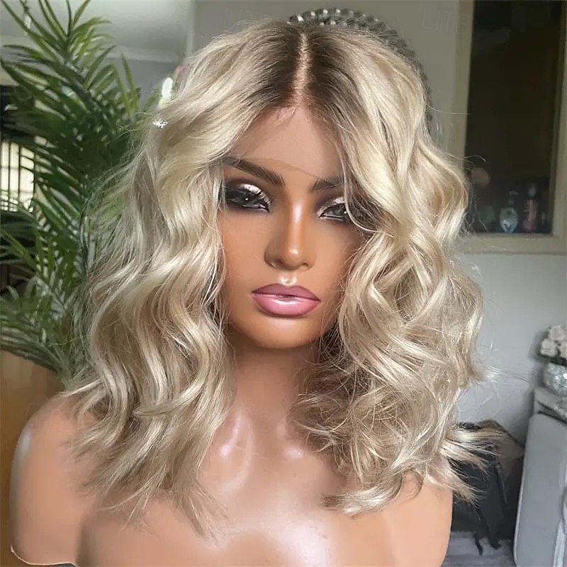 Unprocessed Virgin Hair 5x5 Lace Closure Wigs Short Bob 13x4 Lace Front Human Hair Wig Brazilian Hair Wavy Ombre Ash Blonde Wig  with Baby Hair Glueless For Women2