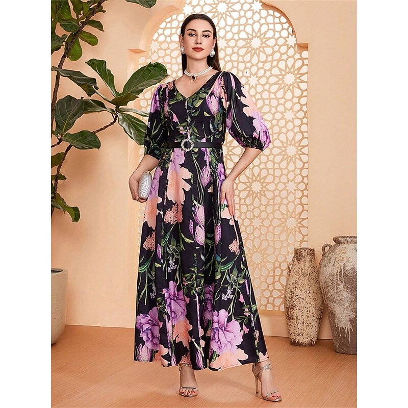 A-Line Mother of the Bride Dress Elegant V Neck Floor Length Chiffon Half Sleeve with Sash / Ribbon Floral Print2