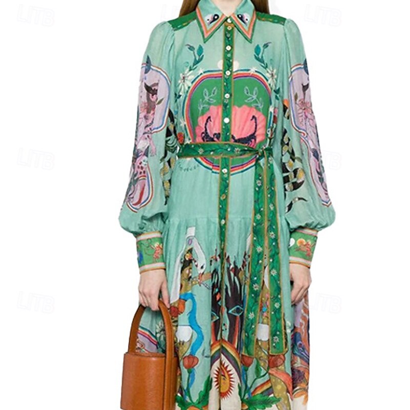 Women's Midi Dress Shirt Dress Print Dress Fashion Classic Modern Outdoor Holiday Going out Regular Fit Flower Long Sleeve Shirt Collar Green Fall2