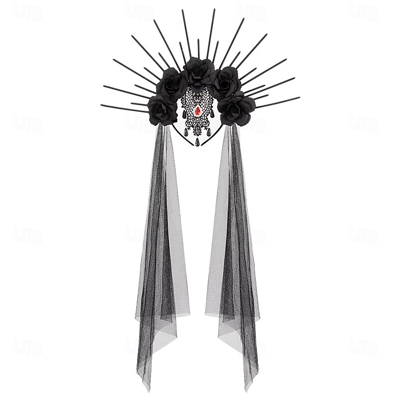 Ghostly Bride Black Rose Halloween Headband Crown with Veil Horror Scary Gothic Adults' Women's Halloween Carnival Performance Party Easy Halloween Costumes Dress Up2