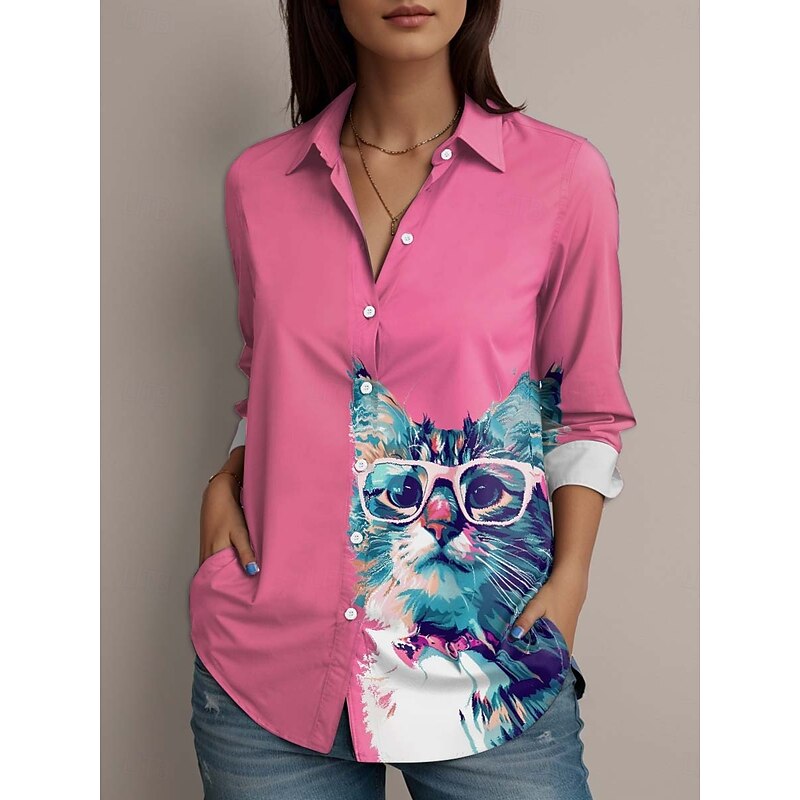 Women's Shirt Button Down Tunic Shirt Collar Long Sleeve Graphic Animal Active Vintage Cute Regular Tops Work Daily s Print Pink Blue Green Spring Fall Winter3