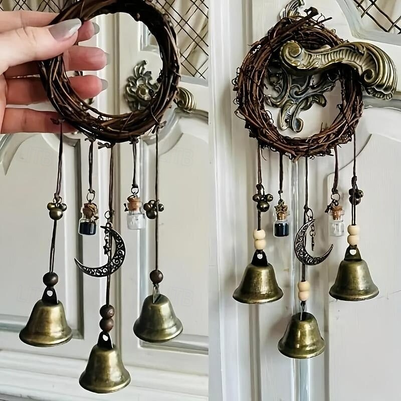 Witch Bell Hanging Decor Classic Protective Witchy Bells with Black White Blessing Bottles Spiritual Wind Chime for Wiccan Altar Pagan Home Wall Ornament3