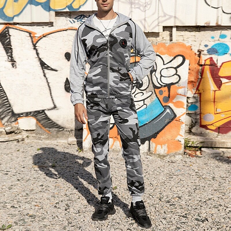 Men's Hoodie Tracksuit Full Zip Hoodie Sweatsuit Army Green Khaki Gray Hooded Camo / Camouflage 2 Piece Sports & Outdoor Daily Holiday Polyester Streetwear Basic Casual Spring Fall Clothing Apparel3