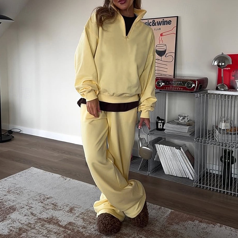 Women's Tracksuit Sweatpants Pullover Sweatshirt Drawstring Pocket Solid Colored Clothing Suit Spring Light Yellow White Gym Training Running High Waist Windproof Lightweight Moisture Wicking Long