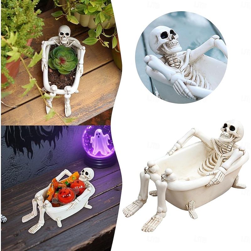 Halloween Gothic Bathtub Skull Flower Pot Statue with Drainage Holes Resin Sculpture with Skeleton Design Novelty Planter Suitable for Patio, Garden, Home Decoration