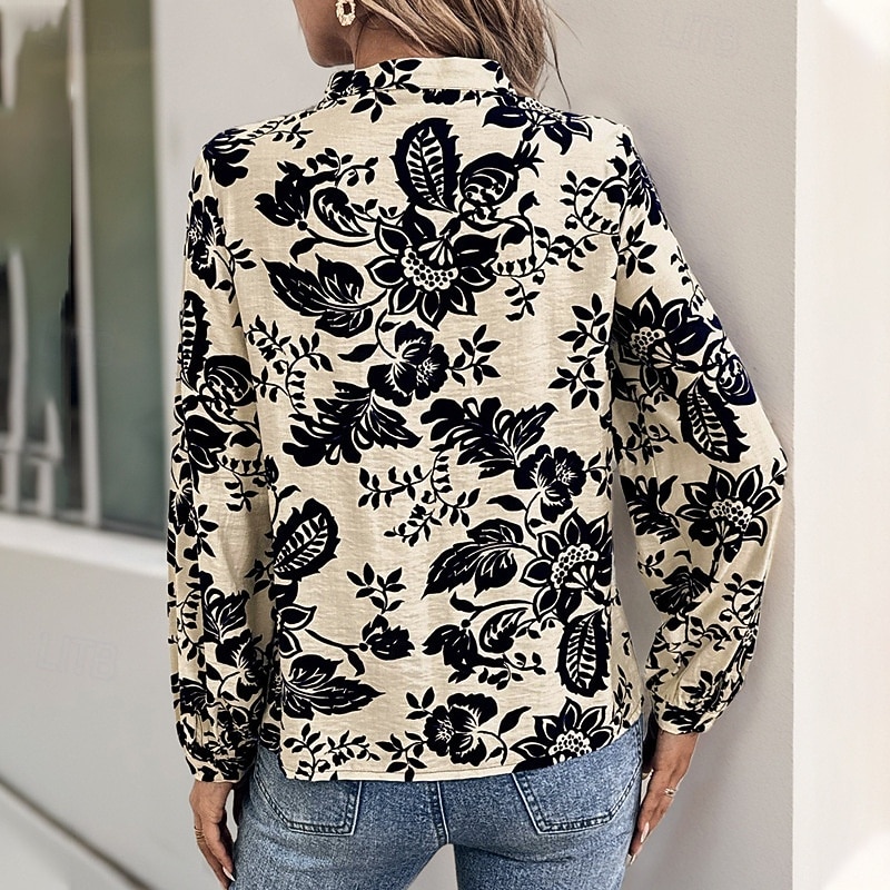 Women's Shirt Flower Daily Stylish Basic Long Sleeve High Neck Regular Tops Work Daily Holiday Buttons Navy Blue Spring Fall3