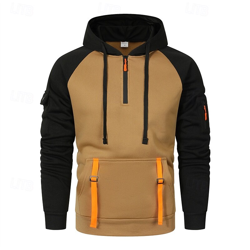 Men's Hoodie Quarter Zip Hoodie Black Camel Dark Gray Hooded Color Block Patchwork Pocket Quarter Zip Sports & Outdoor Daily Holiday Polyester Streetwear Basic Casual Spring Autumn / Fall Clothing2