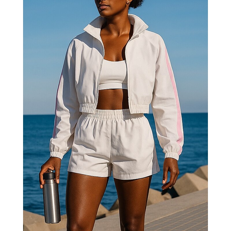 Women's Track Shorts Short Sweatpant Lounge Outfits  Zip Up Color Block Clothing Suit Fall White Blue Hiking Workout Athletic Windproof Lightweight Moisture Wicking Long Sleeve Sport Activewear4