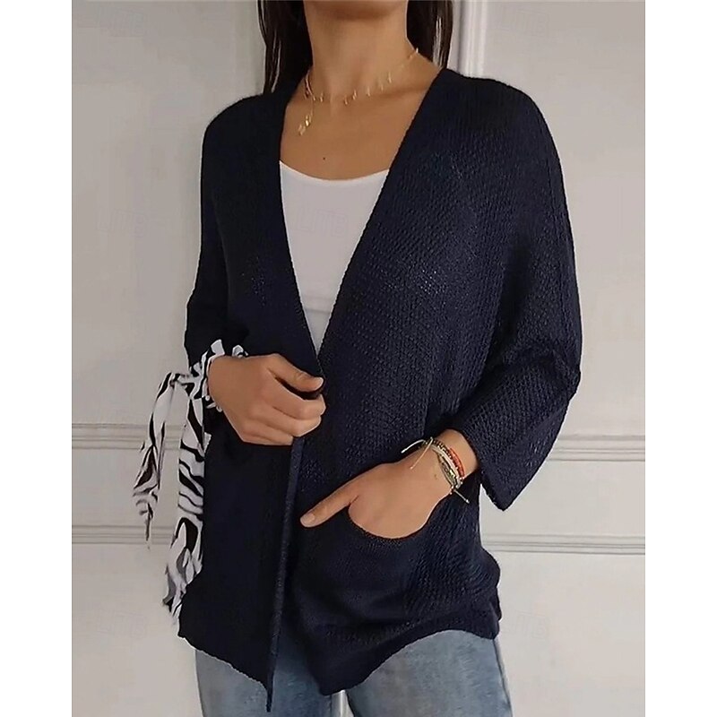 Women's Sweater Cardigan Fashion Streetwear Daily Solid Color Ribbed Open Front Knitted 3/4 Length Sleeve Regular Tops Knit Holiday Going out Weekend Army Green Navy Blue Spring Fall3