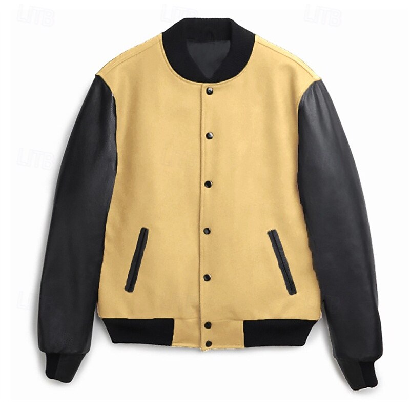 Men's Faux Leather Jacket Biker Jacket Varsity Jacket Vacation Daily Windproof Color Block Fall Winter Color Block Fashion Classic Stand Collar Regular Yellow Navy Blue Green Jacket2