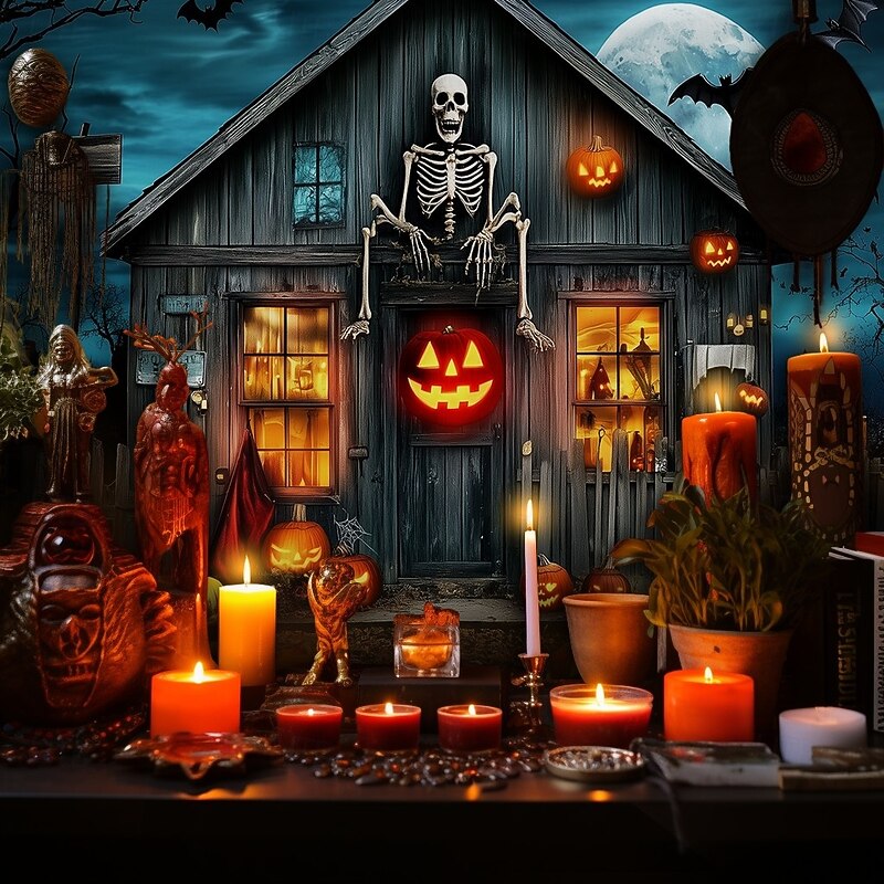 Halloween Haunted House Wall Tapestry – Skeleton and Glowing Jack-o'-Lantern Porch Scene, Spooky Night Sky, Gothic Backdrop for 2025 Halloween Living Room, Bedroom, Party Decoration4