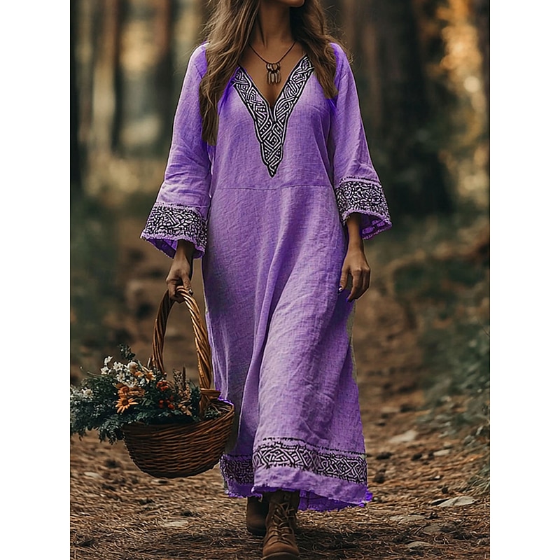 Women's Maxi long Dress A Line Dress Vacation Casual Boho Beach Regular Fit Graphic Geometric Long Sleeve V Neck Pink Blue Purple Green Summer Spring Fall3