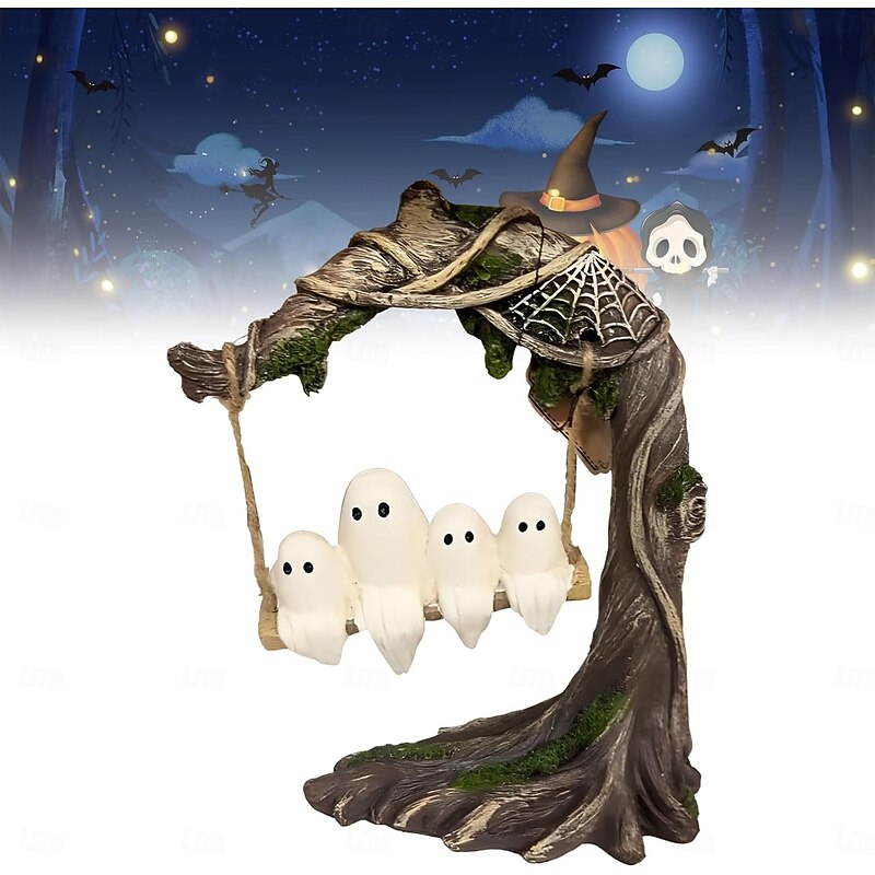Halloween Swing Figurine Swinging Shadows Cute Ghost Decoration on A Tree Swing Funny Resin Cute Ghost Decoration Ornament for Desktop, Bookshelf, Garden & Patio Decoration4