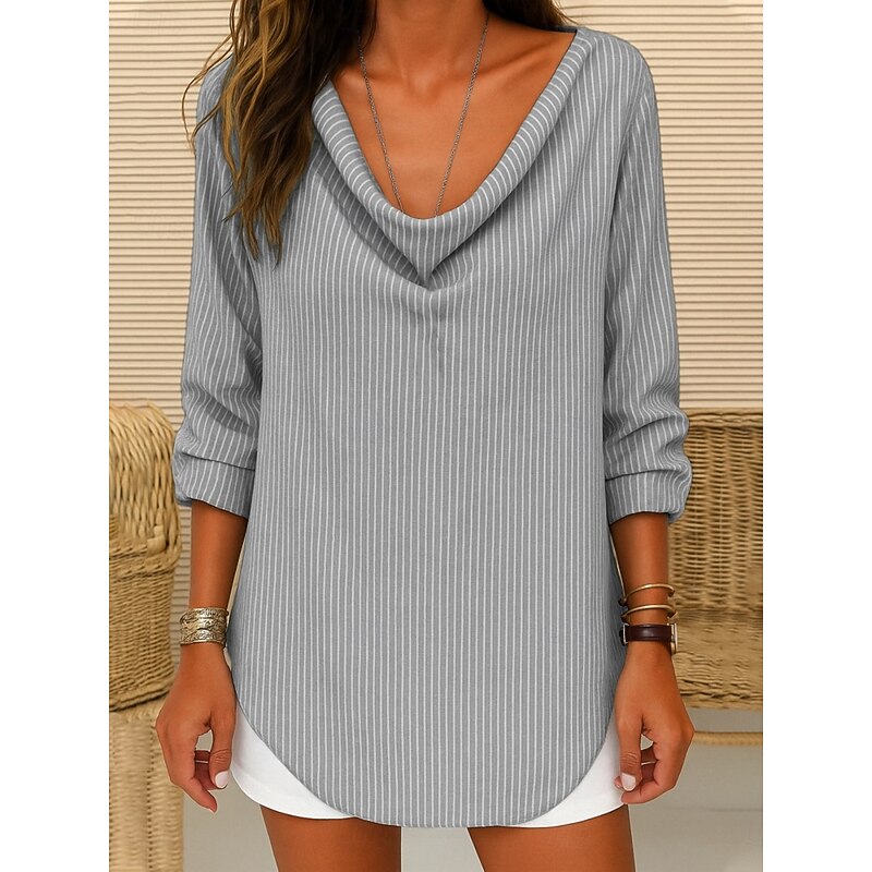 Women's Blouse Striped Stylish Casual Long Sleeve Boat Neck Regular Tops Daily Print Black Blue Green Gray Summer Spring2