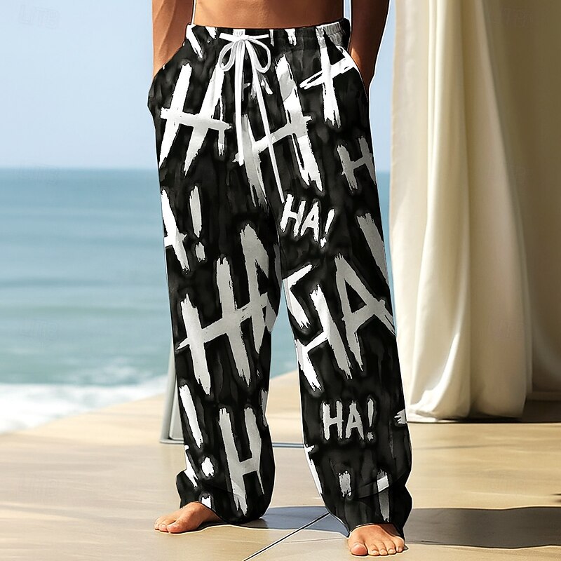 Men's Trousers Baggy Pants Casual Pants Elastic Drawstring Waist Linen-Like Pants with Pockets Letter Print Full Length Outdoor Vacation Daily Streetwear Black White Inelastic2