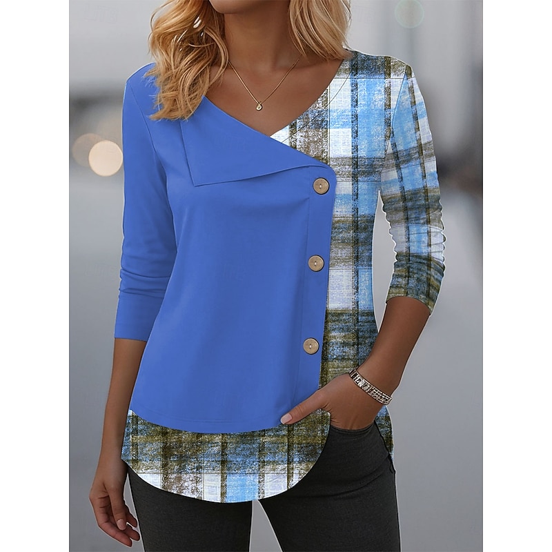 Women's Blouse Tunic V Neck Long Sleeve Buttons Graphic Geometric Plaid Vintage Fashion Stylish Crew Neck Regular Tops Daily Patchwork Print Blue Purple Orange Green Spring Fall Winter2
