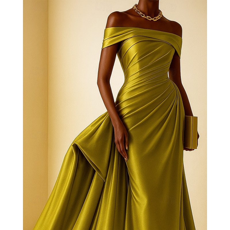 High FashionEvening Gown Black Tie Mermaid / Trumpet Evening Gown Elegant Dress Formal Wedding Court Train Sleeveless Off Shoulder Satin with Pleats Ruched2