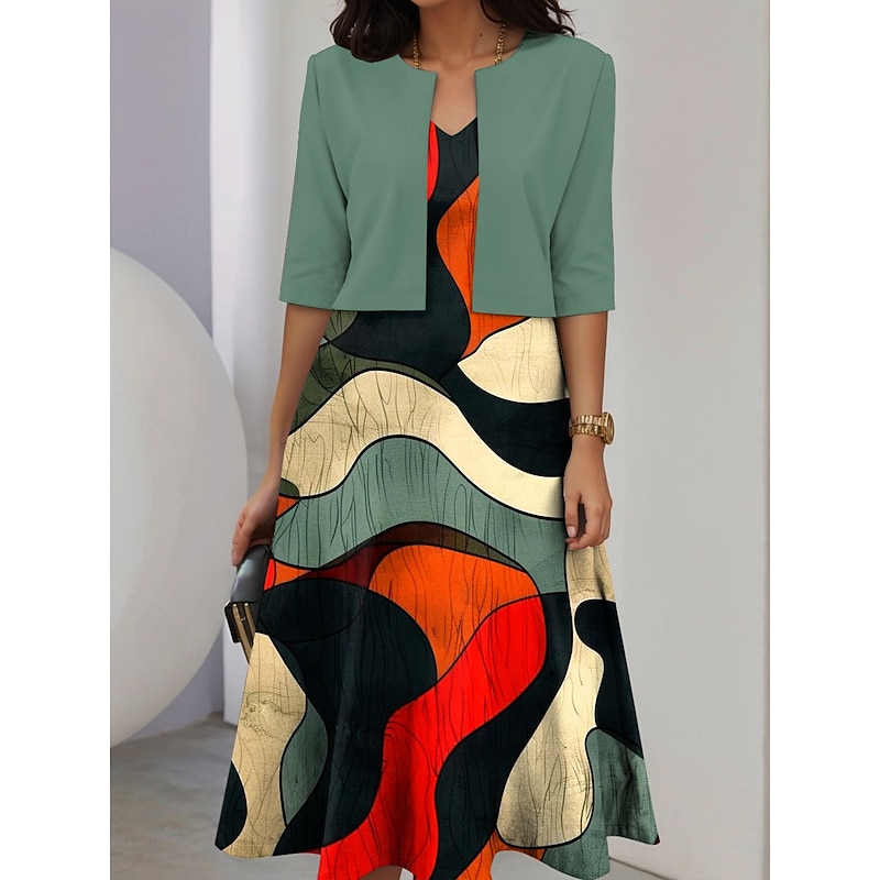 Women's Two Piece Dress Sets Midi Dress with Jacket Elegant A Line Dress Half Sleeve Casual Semi Formal Graphic Geometry Print V Neck Date Black Wine Green Spring Fall Regular Fit