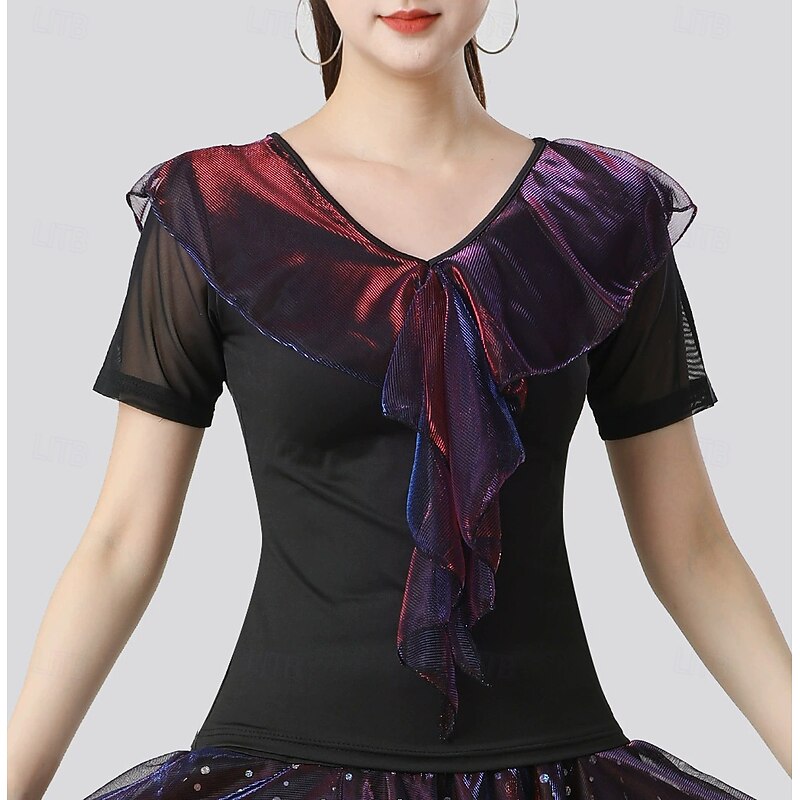 Latin Dance Top Pure Color Splicing Tulle Women's Performance Training Short Sleeve High Polyester2