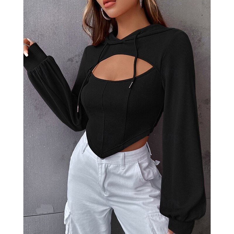 Women's Pullover Hoodie Sweatshirt Hoodies Plain Fashion Streetwear Long Sleeve Hooded Regular Tops Street Going out Black Fall2