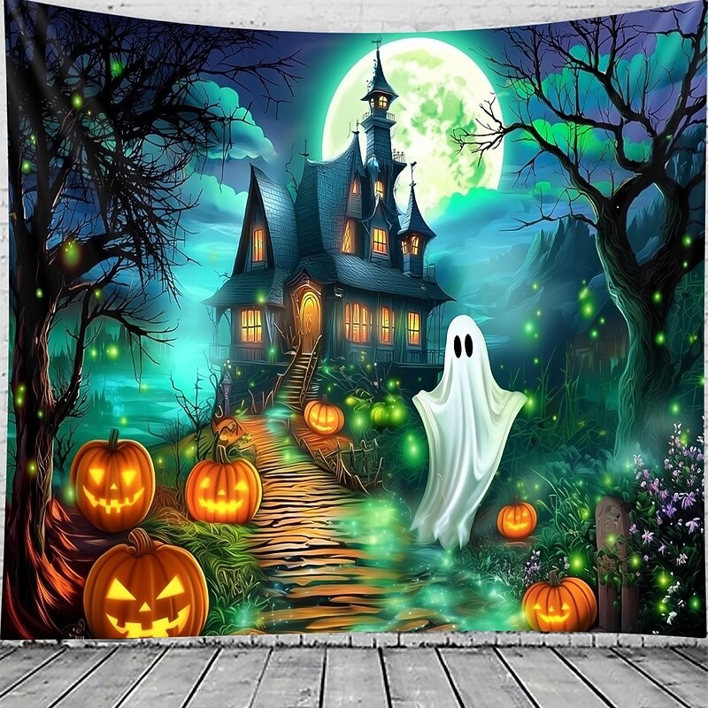Halloween Haunted House Ghost Pumpkin Wall Tapestry – Spooky Full Moon Night Wall Hanging Background for Party, Bedroom, Living Room,  2025 Halloween Home Decoration3
