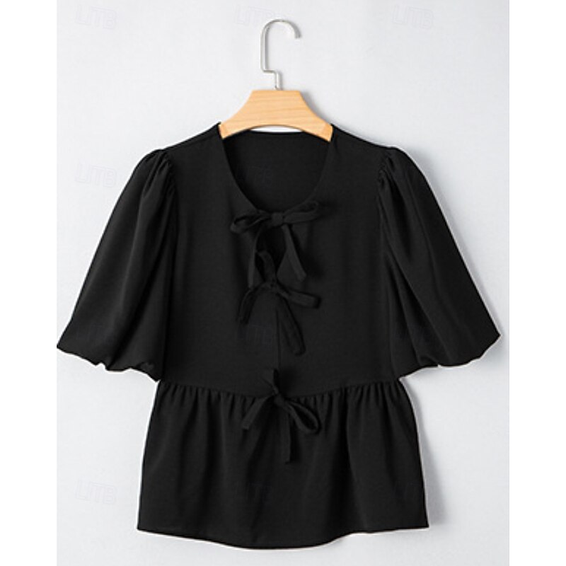 Women's Texture Blouse Blouse Plain Modern Casual Short Sleeve Crew Neck Regular Tops Daily Holiday Going out Eyelet Black Fall4