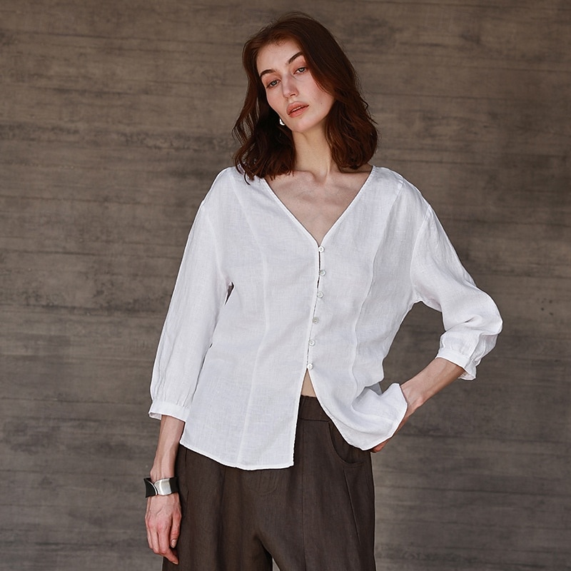 Women's 100% Linen Shirt Solid Color Plain Elegant Vintage Daily 3/4 Length Sleeve V Neck Regular Tops Work Daily Holiday Hemp White Summer Spring Fall3