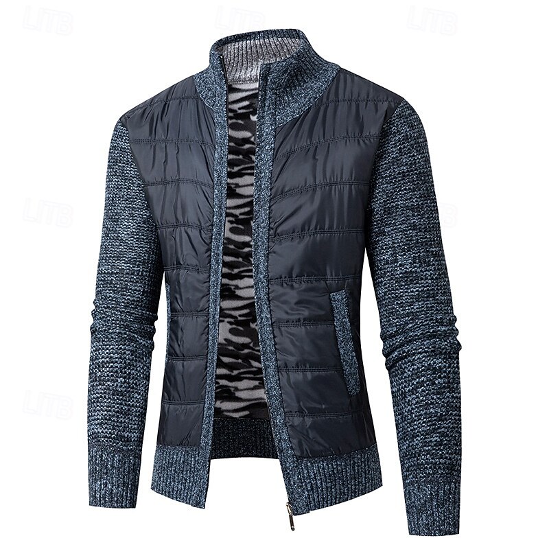 Men's Cardigan Sweater Cropped  Sweater Zip Sweater Knit Sweater Ribbed Knit Regular Tops Patchwork Pocket Plain Stand Collar Fashion Classic Vacation Daily Wear Clothing Apparel Fall Winter Black2