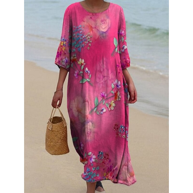 Women's Midi Dress Casual Dress Print Dress Fashion Modern Daily Beach Weekend Regular Fit Floral Color Block 3/4 Length Sleeve Crew Neck Yellow Blue Fuchsia Green Spring Fall Autumn3