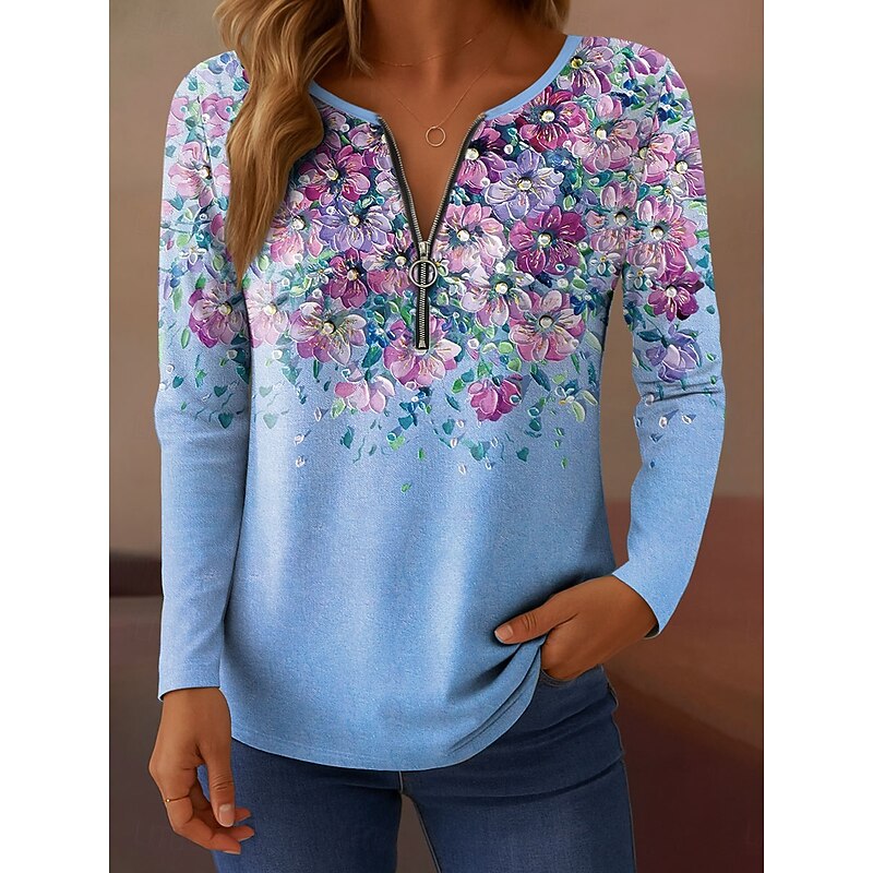 Women's T shirt Long Sleeve Quarter Zip Long Sleeve Casual Floral Graphic Gradient Elegant Vintage Stylish V Neck Regular Tops Daily Yellow Pink Blue Purple Green Spring Fall Prefall