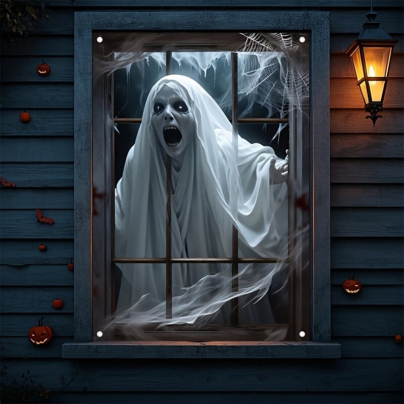 Halloween Window Banner Decoration 1pc Scary Ghost Design Polyester Fabric Indoor Wall and Window Decor for Parties and Carnivals No Electricity Required Versatile Holiday Accessory