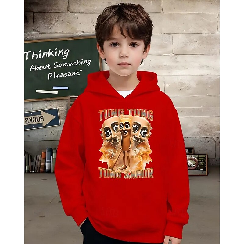 Boys' Casual Hoodie with TUNG TUNG TUNG SAUR Funny Abstract Print 3D Graphic Hoodie Long Sleeve Spring Fall Fashion Streetwear Kids 4-12 Years Hooded Outdoor Casual Daily Regular Fit
