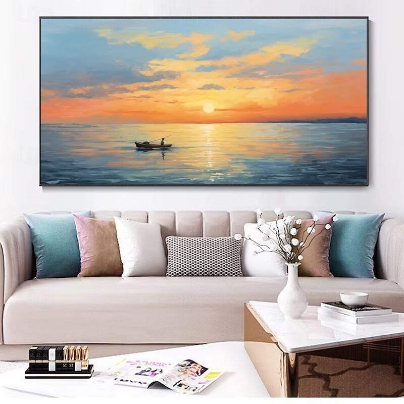 Hand-Painted Artwork Serene Sunset Seascape Canvas Oil Painting Calm Lake With Boat Abstract Sky Mural Living Room Home  Decor Housewarming Gift Rolled Frameless Unstretched Painting