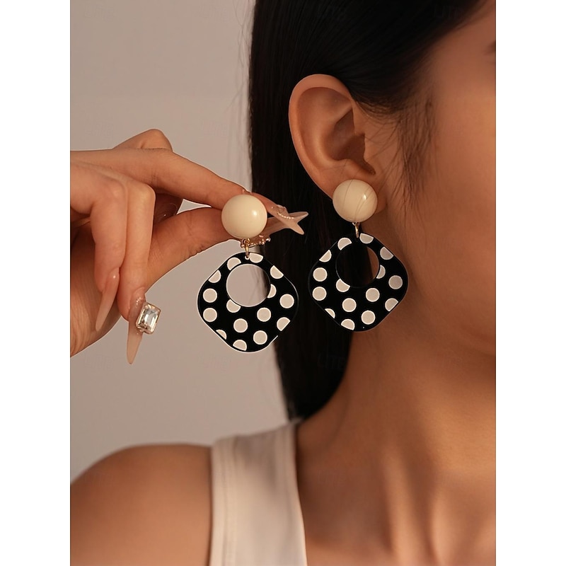 Women's Retro Polka Dot Statement Earrings - Bold Black and White Drop Design for Vintage Parties and 1950s-Inspired Outfits