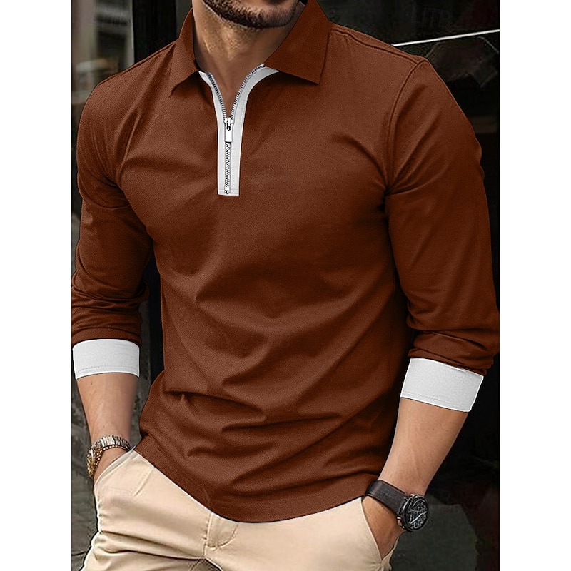 Men's Business Polo Golf Shirt Street Casual Lapel Long Sleeve Basic Modern Plain Zip Up Patchwork Spring Fall All Seasons Regular Fit Black Navy Blue Blue Brown Business Polo4