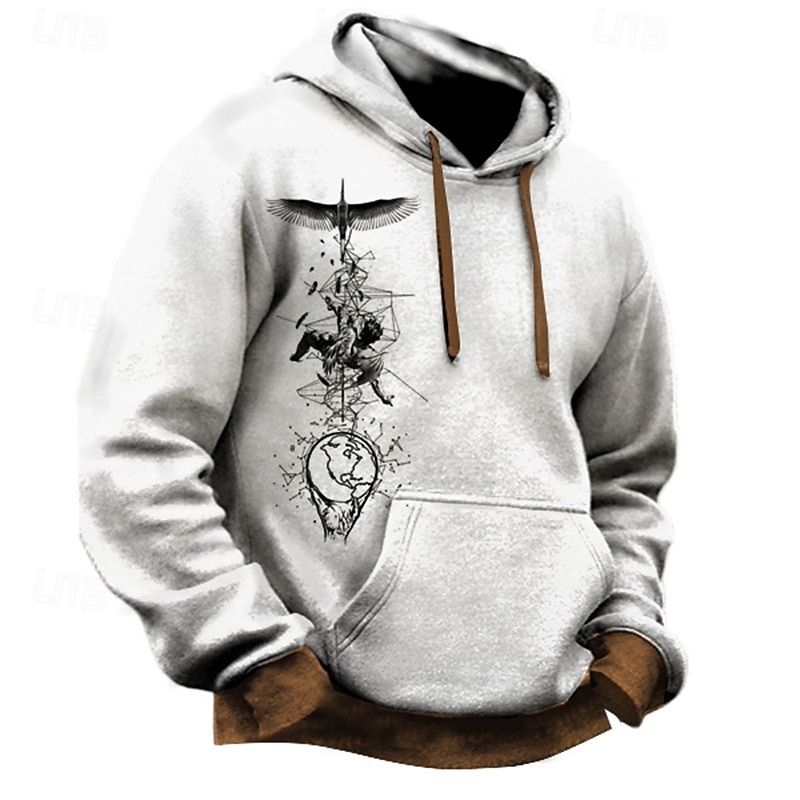 Men's Hoodie Khaki Light Grey Hooded Print Pocket Sports & Outdoor Daily Holiday Polyester Basic Casual Boho Spring Autumn / Fall Clothing Apparel Hoodies Sweatshirts2