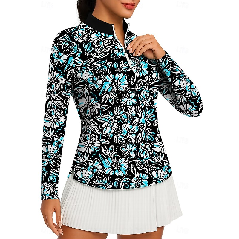 Women's Plants Floral Tops Golf Polo Shirt Tennis Shirt Long Sleeve Print Quarter Zip Pullover UPF50+ UV Protection Elastic Breathable Tennis Golf Pickleball Stand Collar Zip Collar Jacket Shirt Blue3